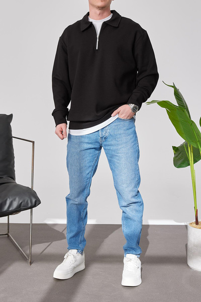 Men's Polo Oversized Black Sweatshirt Half Zipper Sweatshirt