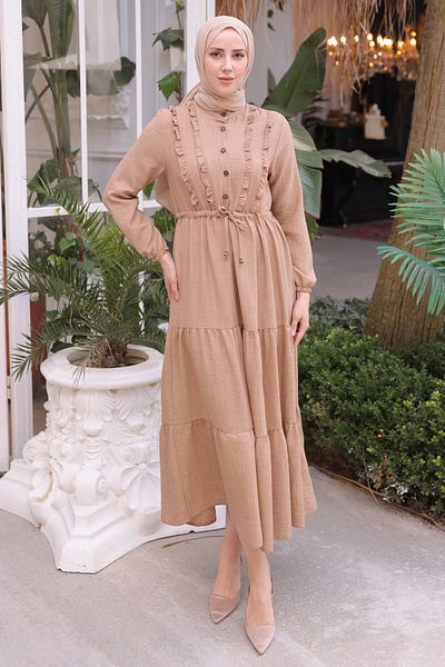 benguen 6814 Ruffle Dress Beige