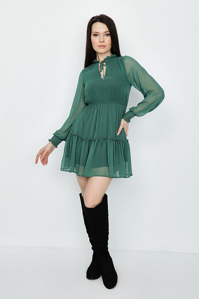 Select Moda Women's Green Balloon Sleeve Ruffle Chiffon Dress