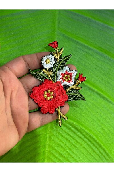 Gönülden Tasarım 10X7 CM BORDURIȚĂ FERĂȘIȚĂ FLORI ARMĂ PATCH CUSUT APPLIQUE Roșu