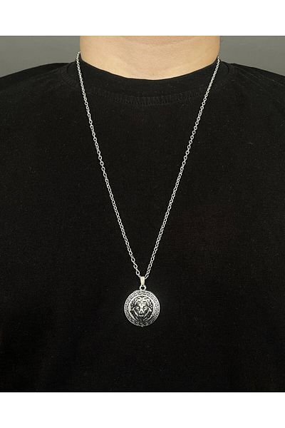 BSN Store 2-Piece Combination Lion Figured Axe Figured Necklace and Valknut Figured Genuine Leather Bracelet