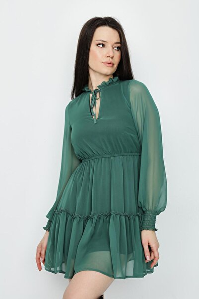 Select Moda Women's Green Balloon Sleeve Ruffle Chiffon Dress