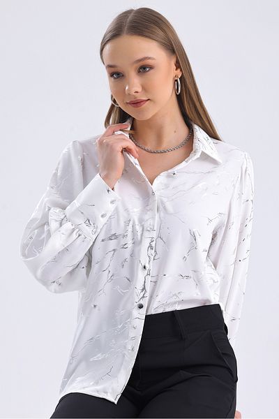 MD trend Women's Silver Foil Patterned Balloon Sleeve Oversize Satin Shirt