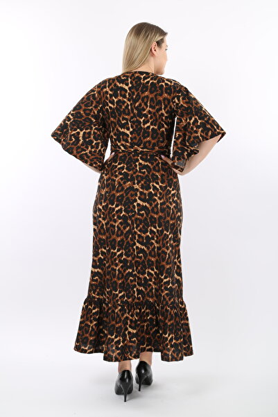 Azra Style Double Breasted Collar Skirt Ruffle Crepe Belted Dress 5010 Black Leopard