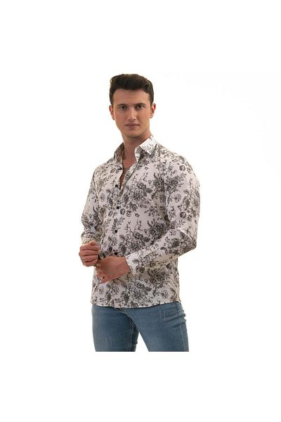 Exve Exclusive Cămașă pentru bărbați cu mânecă lungă, slim fit, cu trandafiri negri și albi