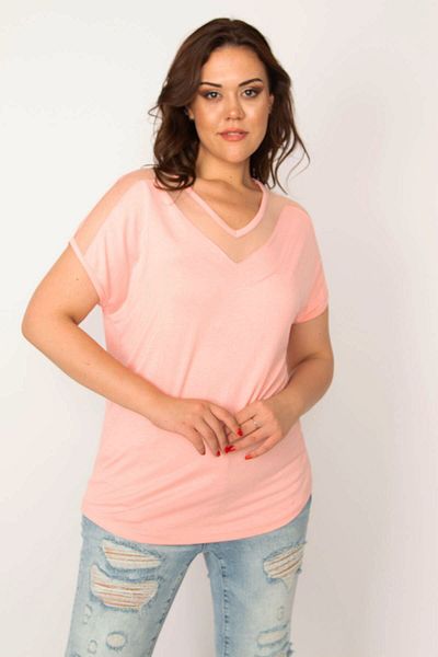 Şans Women's Large Size Salmon Collar and Sleeves Tulle Detailed Blouse 65n24578