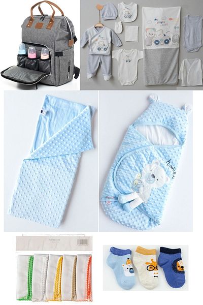 Necix's 6-Piece CUTE MONTHS BIRTH SET (10-Piece HOSPITAL EXIT, BABY BAG, SWADDLE, BLANKET, WIPES AND SOCKS SET)