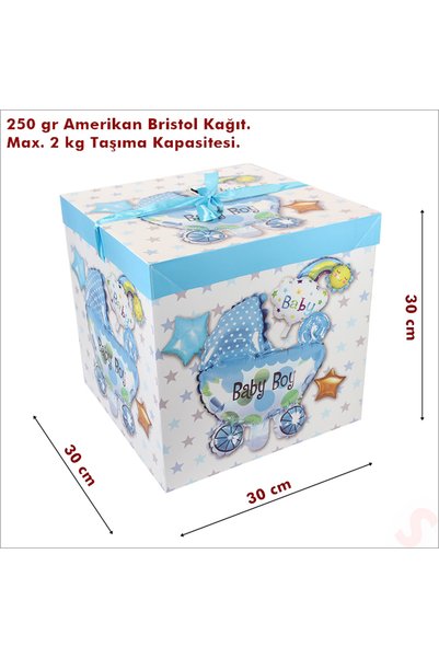 Süsle Baby Party Kapaklı, Katlanır Demonte Karton Kutu, 30cm - Puset & Mavi