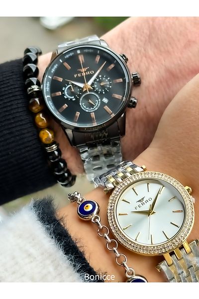 FERRO Brand, Steel Cord, with Calendar, Waterproof, Silver Yellow Color Dear Wrist watches+Bracelet