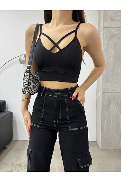 BİKELİFE Women's Front Cross Rope Strap Padded Crop Top Bustier