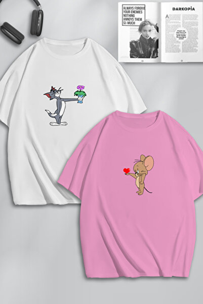 macklin Unisex Kadın Erkek Çiçek Kalp Tom ve Jerry Baskılı Sevgili Çift Kombi...