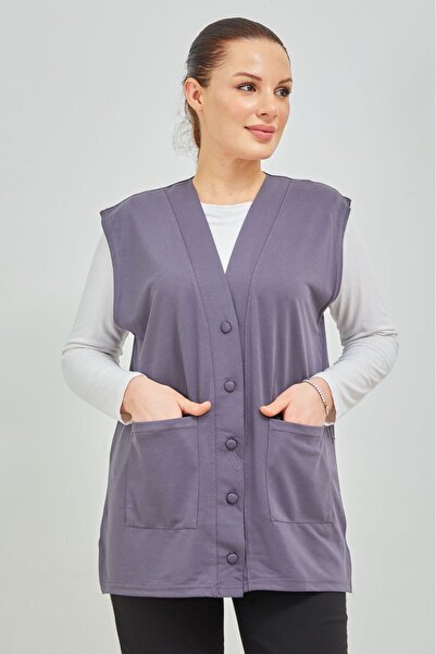 Stilmony Women's Gray Short Pocket Buttoned Combed Cotton Vest