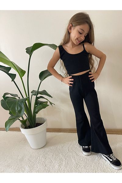 özge başaran Jambiere spaniole negre pentru copii, talie înaltă, catifea elastică, set de bluză crop cu bretele cu un singur umăr