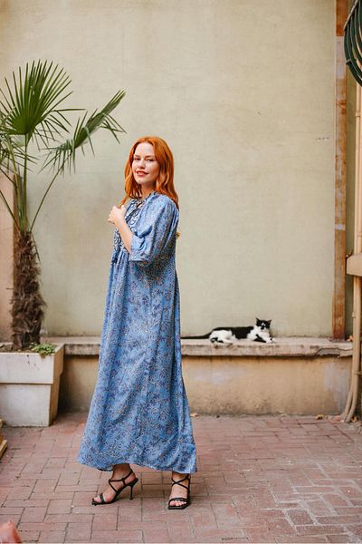 Sue Store Blue and White Front Tasseled V-Neck Dress