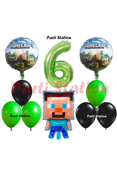 Parti Station Yeşil Rakam Balonlu Minecraft Konsept Doğum Günü 6 Yaş Balon Se...