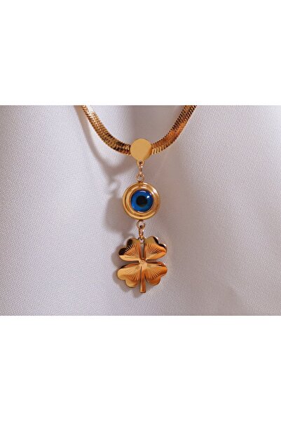 DD accessories Kalp Detaylı Nazar Boncuklu Yonca Kolye Çelik Kolye