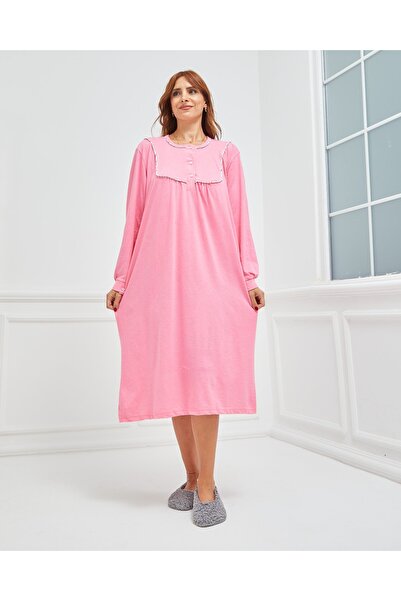 AYSUN TEKSTİL Solid Color Wide Cut Roak Pink Color Nightgown