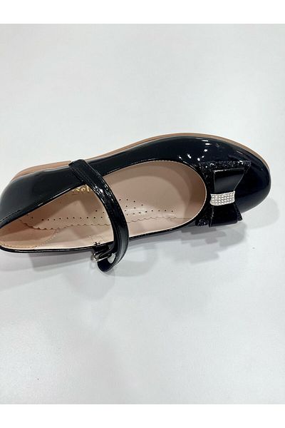 Esterella Girl's Stoned Siyak Ballerinas/Patent Leather Bow Stoned Velcro Girls' Ballerinas