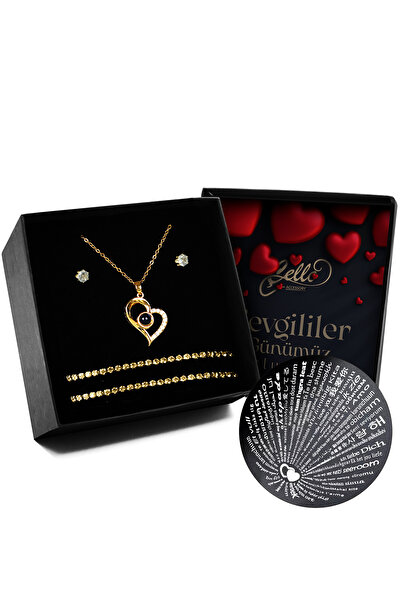 Cello Accessory Sevgililer Gününe Özel Gold Renk Kaplama Çelik 100 Dilde Seni Seviyorum Kolye & Küpe & Bileklik Seti