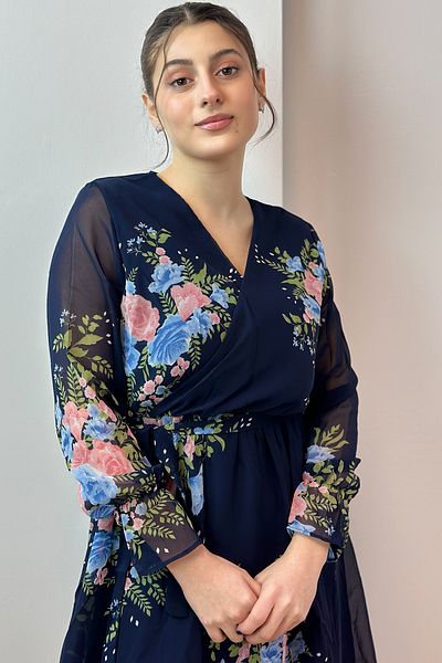 Elbise Delisi Navy Blue Floral Double Breasted Collar Plus Size Chiffon Dress