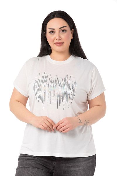 DISENTIS MODEST Tricou alb cu gât roșu cu imprimeu strălucitor de mărime mare