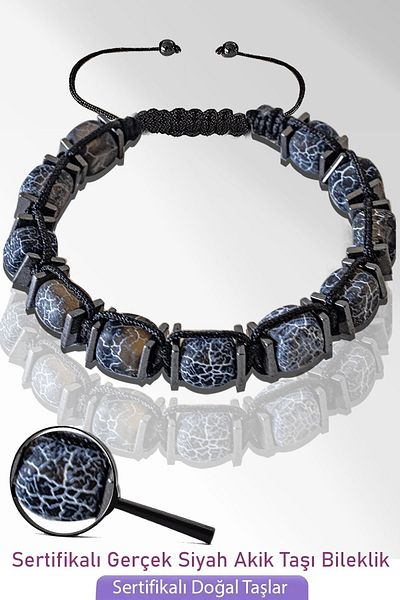 Tesbih Atölyesi Certified Cube Model Natural Raw Black Agate Stone Bracelet - Adjustable
