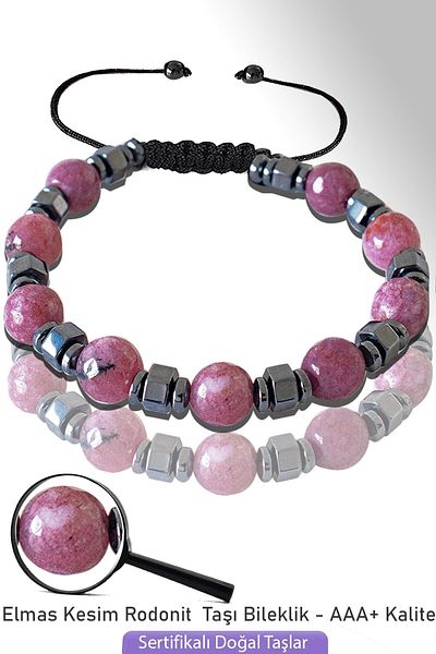 Tesbih Atölyesi Certified Faceted Hematite Rhodonite Stone Bracelet - Adjustable