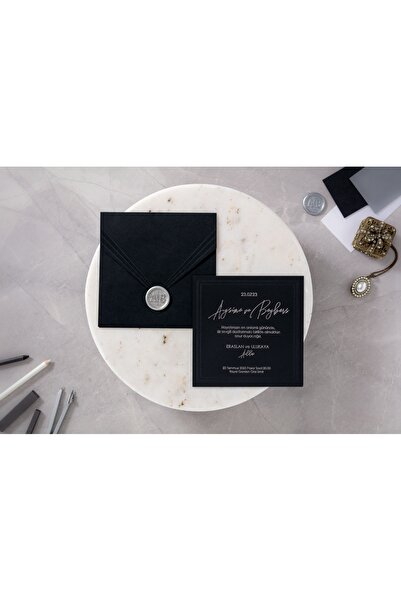 İklim İşlemeli Kabartmalı Siyah Davetiye