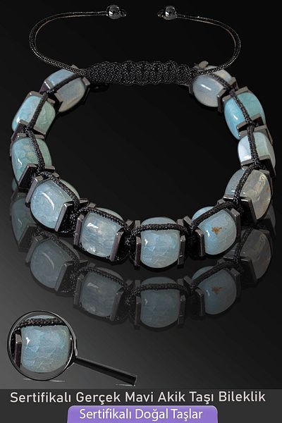 Tesbih Atölyesi Certified Cube Model Natural Light Blue Agate Stone Bracelet - Adjustable