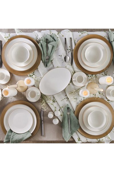 Karaca Rowan Geschirr-Set Gold, 69-teilig für 12 Personen, New Generation Bone