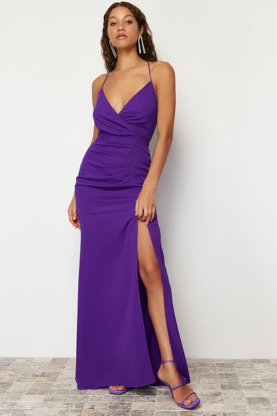 Trendyol Collection Μωβ Πίσω Πλαίσιο Λεπτομερές υφαντό μακρύ κομψό βραδινό φόρεμα Νυχτερινό φόρεμα αποφοίτησης TPRSS22AE0012