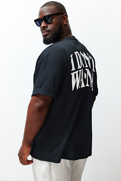 Trendyol Collection Large Size Black Oversize Text Printed 100% Cotton T-Shirt Tmnss24Bf00031