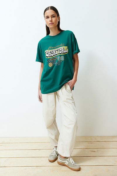 Trendyol Collection Πλεκτό T-Shirt με κοντό μανίκι σμαραγδένιο πράσινο oversize με λαιμόκοψη με λαιμόκοψη TWOSS24TS00141