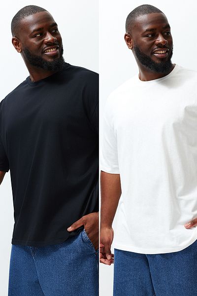 Trendyol Collection Oversize nagy méretű fekete-ecru 2 csomagos 100% pamut póló - TMNSS24BF00042