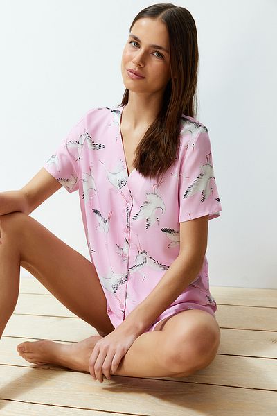 Trendyol Collection Pink Stork Patterned Viscose Woven Pajamas Set THMSS24PT00134
