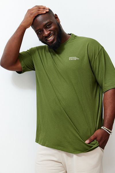 Trendyol Collection Plus Size Khaki Oversize/Wide Fit 100% Cotton Comfortable Minimal Printed T-Shirt Tmnss24Bf00011
