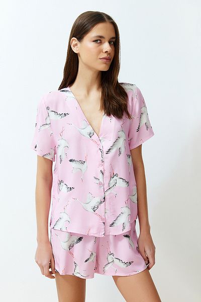Trendyol Collection Pink Stork Patterned Viscose Woven Pajamas Set THMSS24PT00134