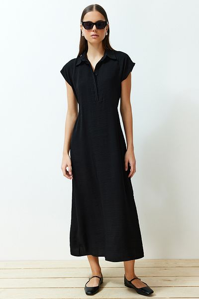 Trendyol Collection Černý A-line košilový límec Aerobin Maxi Woven Dress TWOSS24EL00621