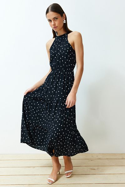 Trendyol Collection Μαύρο πουά φόρεμα μέσης που ανοίγει βισκόζη μίντι υφαντό TWOSS24EL00610