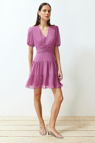 Trendyol Collection Pink Waist Opening Flounce Chiffon Lined Mini Woven Dress TWOSS24EL00634
