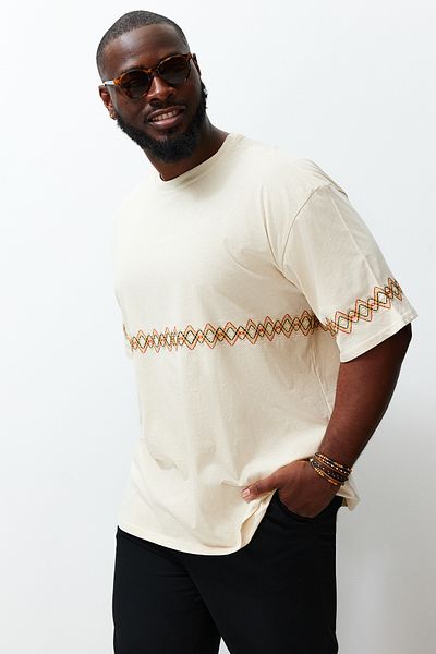 Trendyol Collection Ethnic Embroidery Comfortable Large Size T-Shirt - 100% Cotton, Wide Fit TMNSS24BF00008