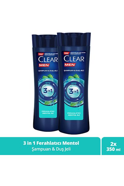 Clear Men 3 in 1 Shampoo and Shower - Menthol Refreshing, 350ml x2 For Hair Face Body