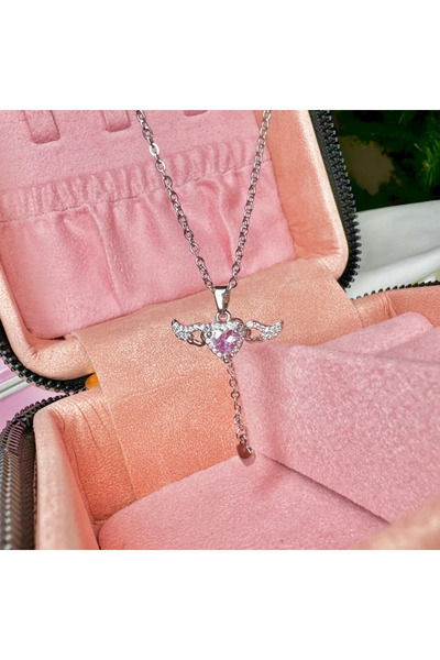 Elifsu Jewelry Pembe Zikron Taşlı Melek Kanadı Çelik Kolye