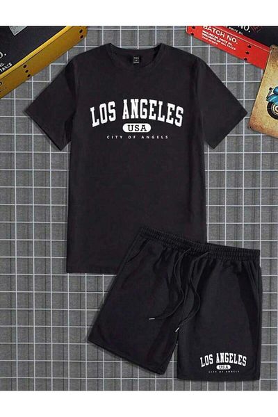 khufu LOSANGELES U.S.A. Printed Oversize Crew Neck Bottom Top T-shirt with Shorts Double Suit