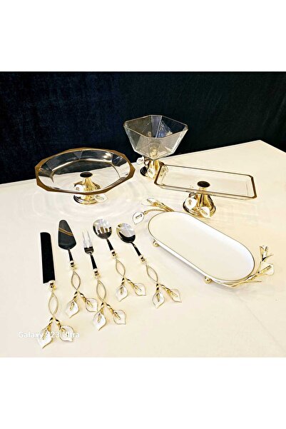 MaviDamla 9 Parca Gala Mineli Model Ayaklı Sunum Seti Yaldız Detaylı Gold