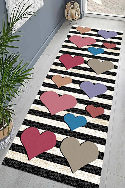 on the clouds Kalp Desenli Şeritli Dijital Baskı Yıkanabilir Kaymaz Taban Mod...