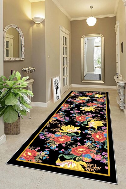 Pelangi Çiçek Desenli Dijital Baskı Yıkanabilir Kaymaz Taban Modern Salon Hal...