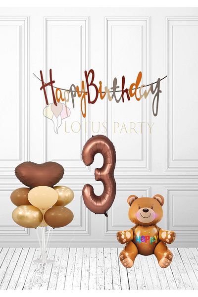 LOTUS PARTY 3 Year Old Brown Birth Set - Number Foil Balloon and Heart with Cute Teddy Bear