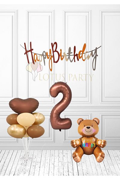 LOTUS PARTY 2 Year Old Brown Cute Teddy Bear Birth Set - Number Foil Balloon and Heart