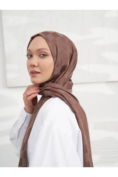 ARMANDA Italian Jacquard Checkerboard Pattern Shawl - Brown